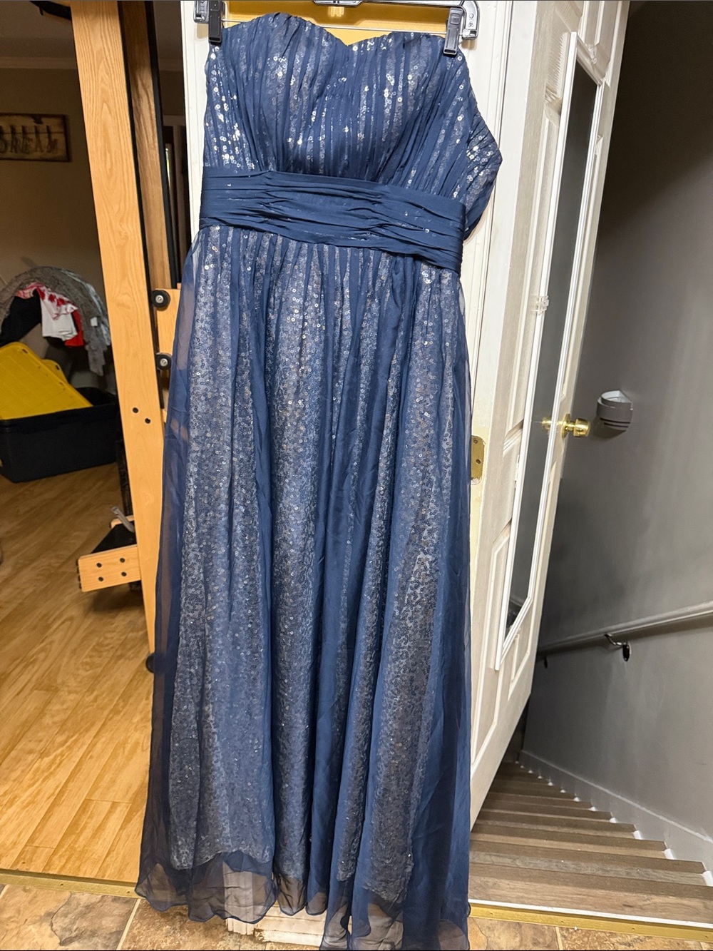Grace Karin Navy Blue Sequin Strapless Formal Corset Back Maxi Dress size 12